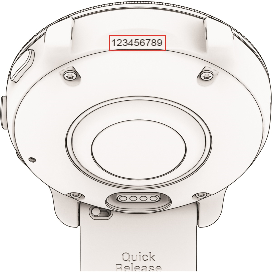 Back of watch showing serial number location under removed band circled in red